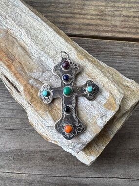 Southwest Sterling Silver Cross Pendant with Multi Colored Gemstones